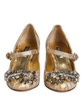 Dolce & Gabbana Gold Jacquard Crystal Mary Janes Pumps Shoes